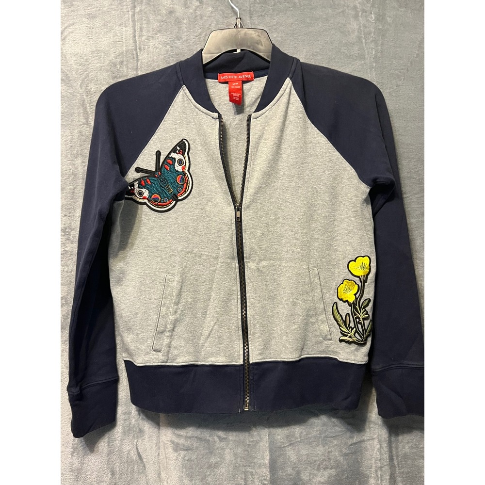 Saks Fifth Avenue Jacket‎ M/M Gray Blue Butterfly Flower Zip Up Bomber
